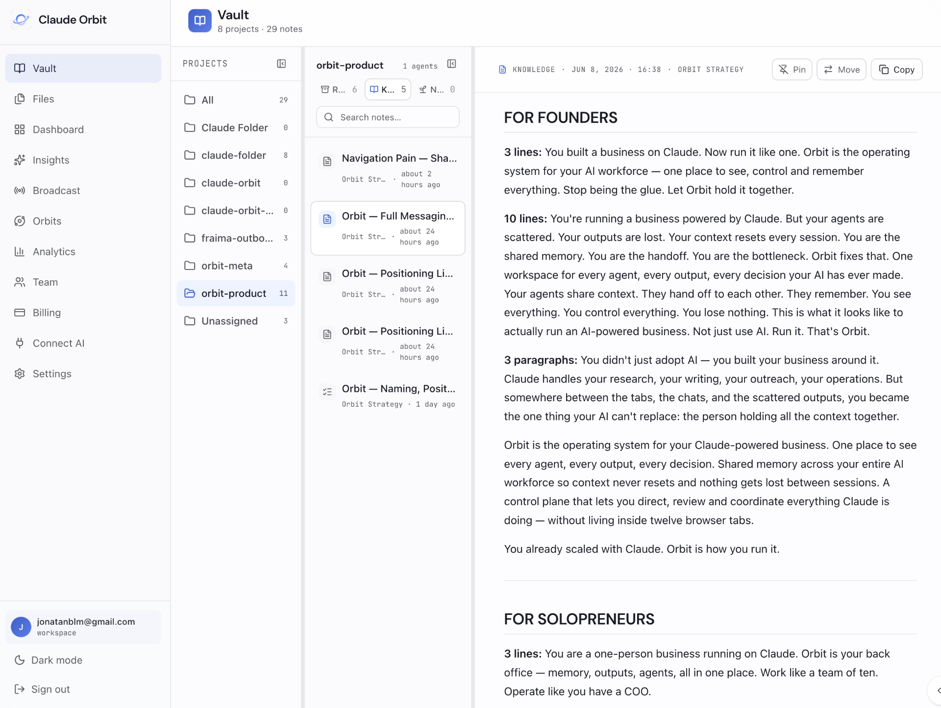 Orbit vault — every chat, file, schedule, and tool in one place