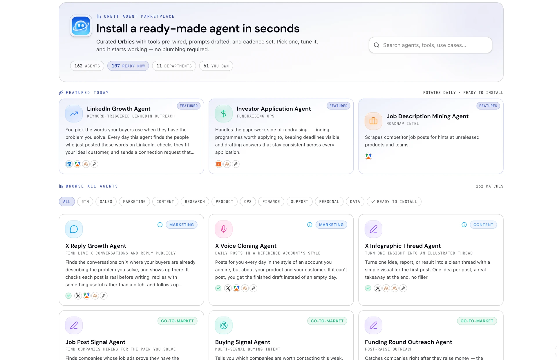 Orbit Agent Marketplace — install a ready-made agent in seconds