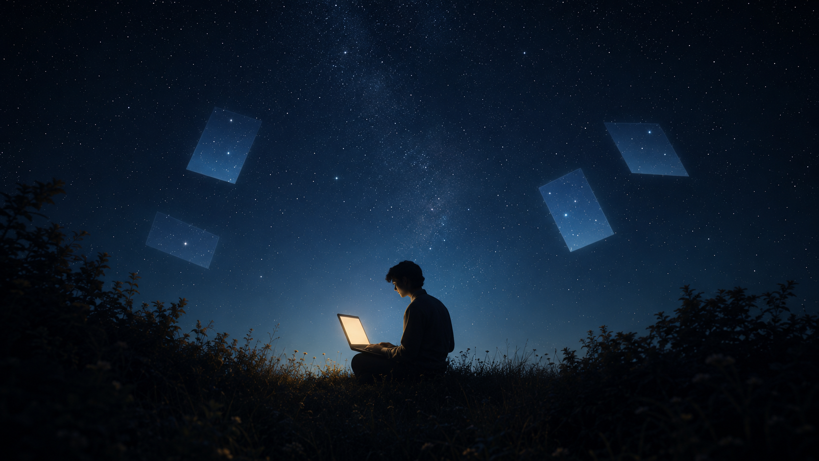 Person working on laptop under a starry sky with floating holographic windows